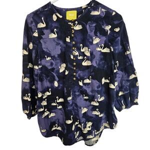 Anthropologie Maeve Womens Bethesda Swan Print Flannel Shirt Size S Whimsical